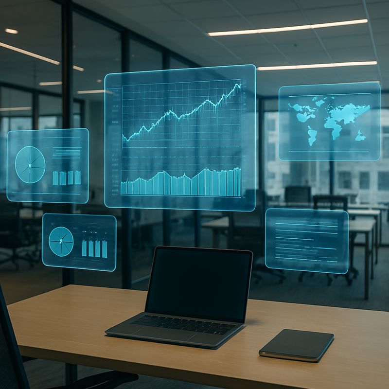 Oficina moderna con paneles de datos y analítica